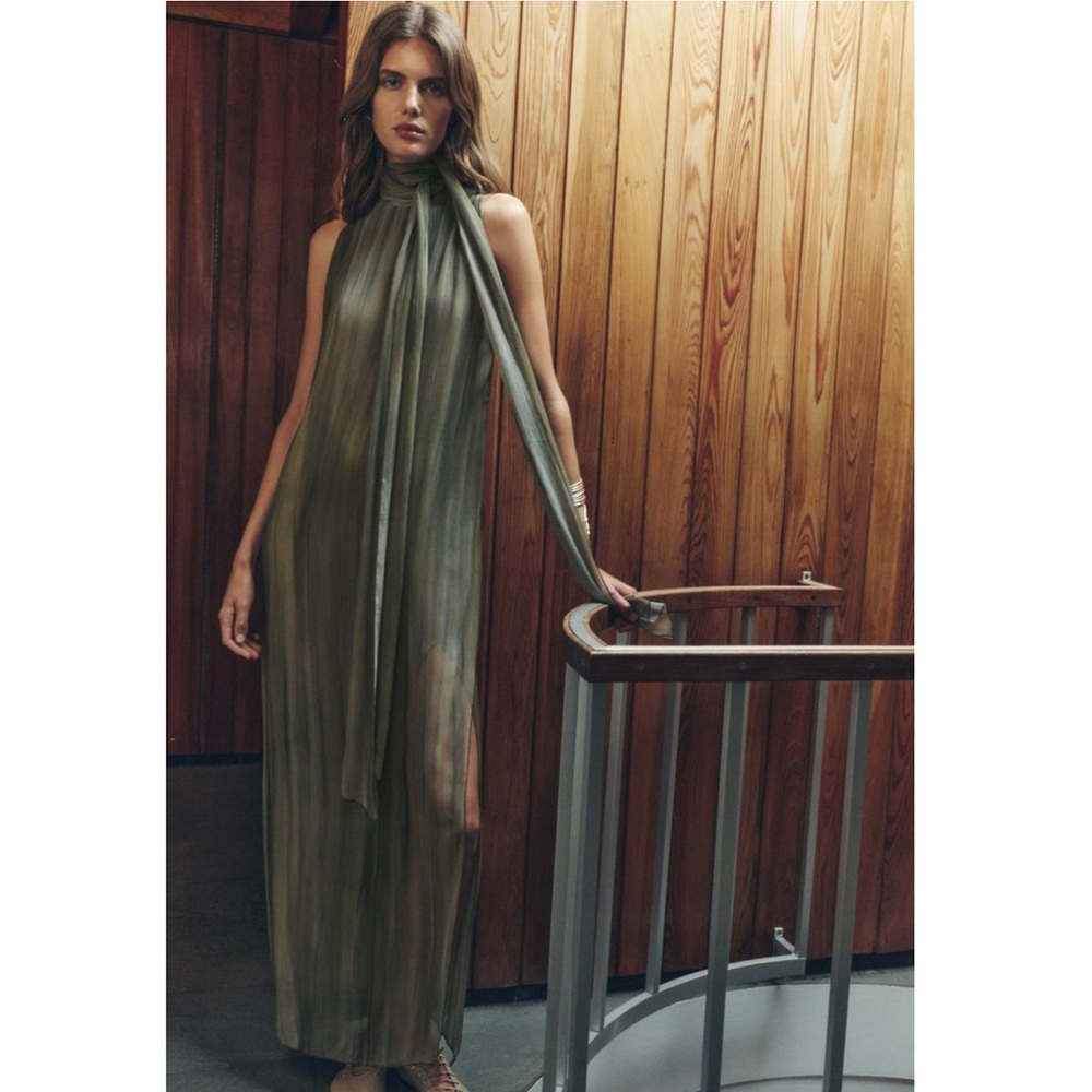 Zara Olive Green Halter Neck Midi Dress